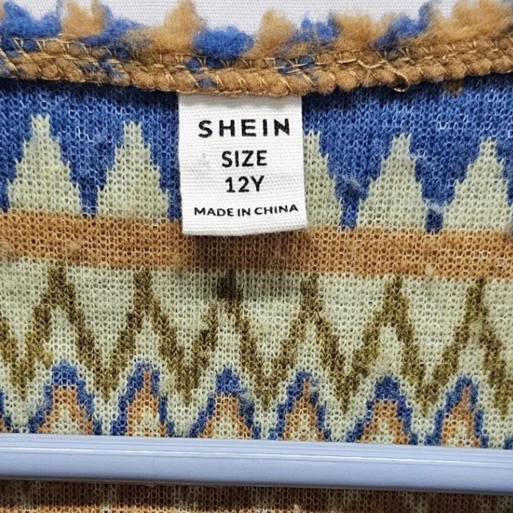 SHEIN Girls Sherpa Fleece Vest Size 12Y‎ Blue Yellow Fair Isle Geometric Borg